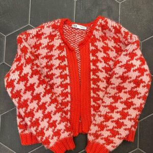 Zara Vibrant Red and Pink Houndstooth Cardigan